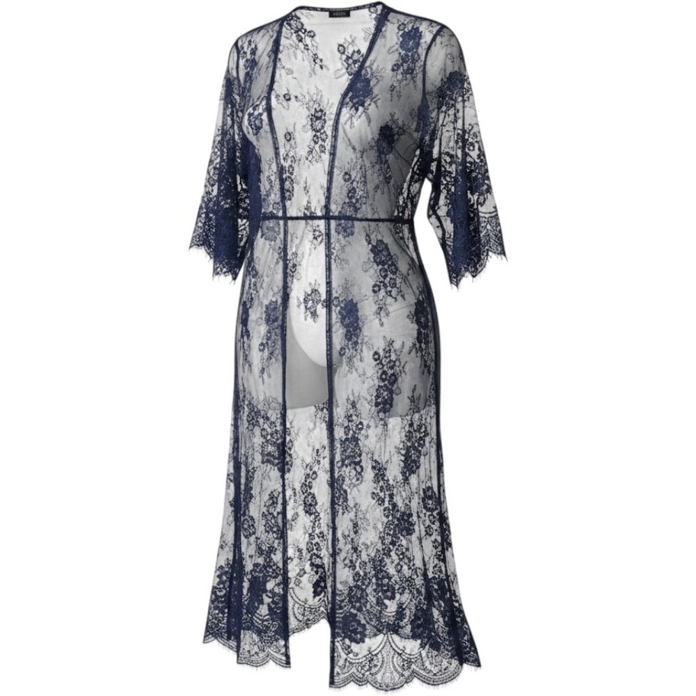 Avidlove Lace Robe Women XXL Navy Blue Sheer Floral Eyelash Trim Kimono Lingerie